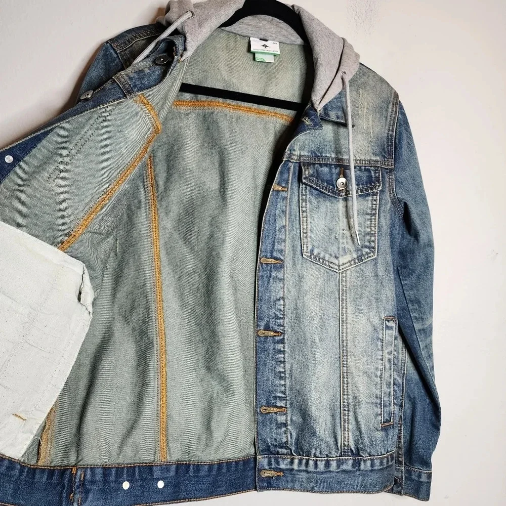 LRG Lifted Research Group Denim Distressed Hooded‎ Jacket.  Men's size small.